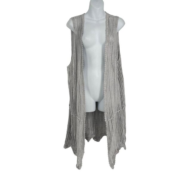 POL Women's Gray Mesh Knit boho‎  Sleeveless Long Vest Cardigan S - Picture 1 of 7
